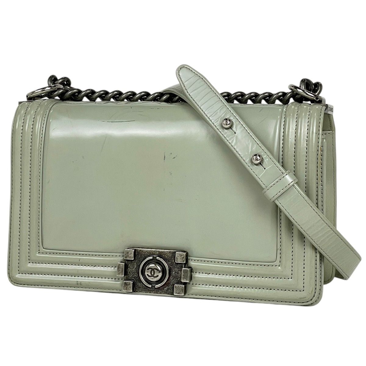 シャネル CHANEL ココマーク チェーン ショルダーバッグ ボーイシャネル エナメル ショルダーバッグ パテントレザー ライトグレー レディース