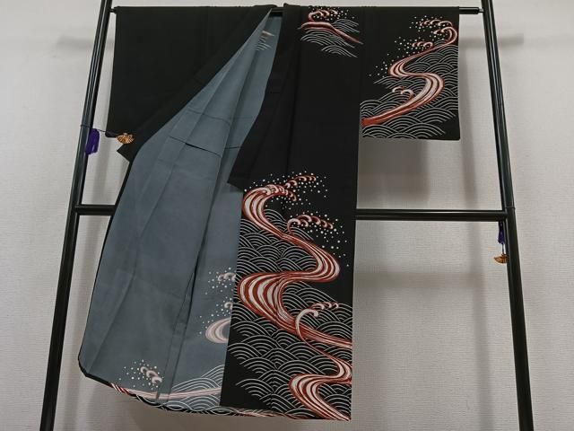 平和屋着物▽男性 訪問着 単衣 立波文 黒地 洗える着物 AABB8014jh