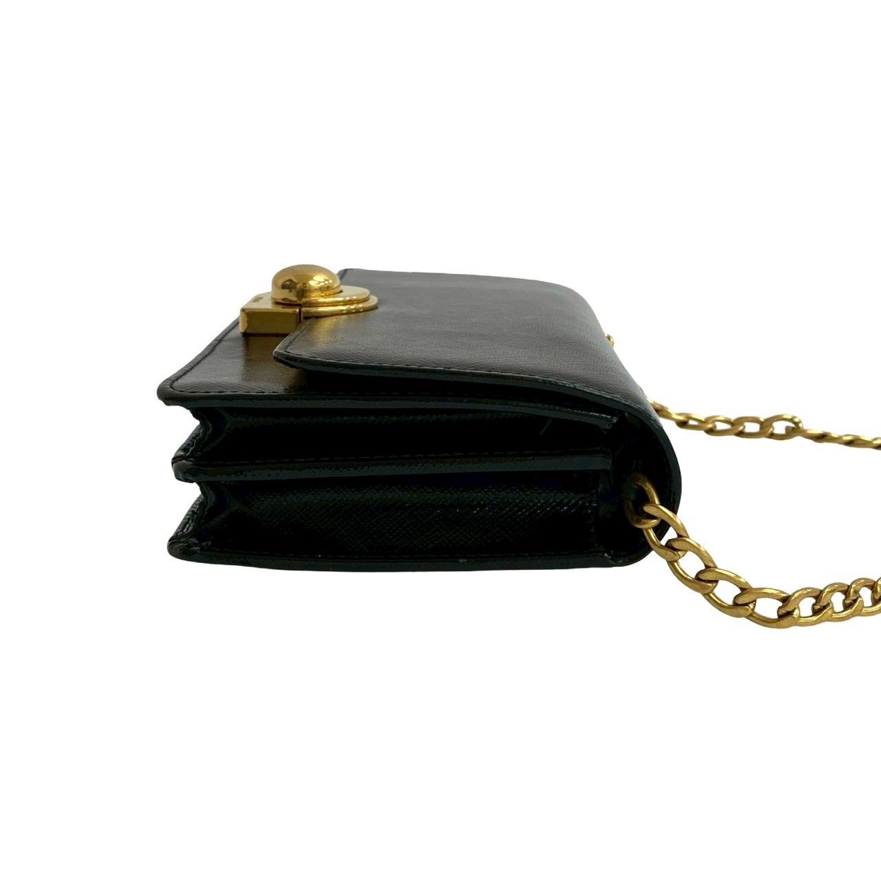 極 美品 プラダ ロゴ レザー ショルダーバッグ ブラック 極 美品 ミラー付 PRADA プラダ ロゴ ゴールド 金具 レザー 本革