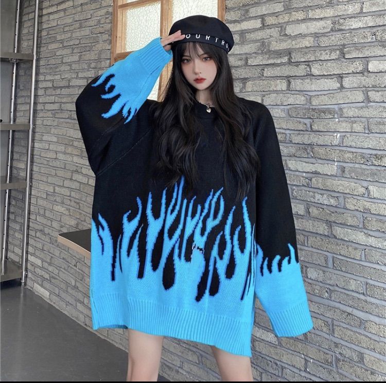 送料無料冬の男性の青い炎のセーターストリート壁ニットウェアプルオーバー Blue Flame Sweater Xxl並行輸入 ストリート（ニット・セーター｜トップス）：メンズ