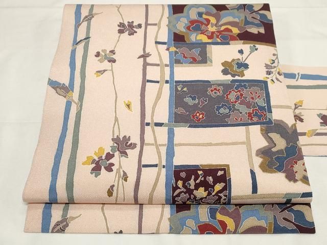 平和屋着物○全通柄 九寸名古屋帯 型染め 草花文 鬼