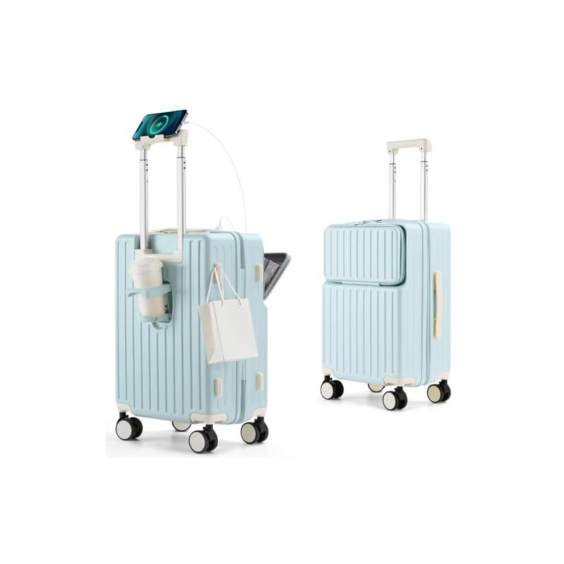Mularda スーツケース フロントオープン スーツケース 機内持ち込み キャリーケース 超軽量 耐衝撃 前開き キャリーバッグ USBポート付き 360度回転 ダブルキャスター 軽量 旅行 ビジネス 出張 ブルー 1