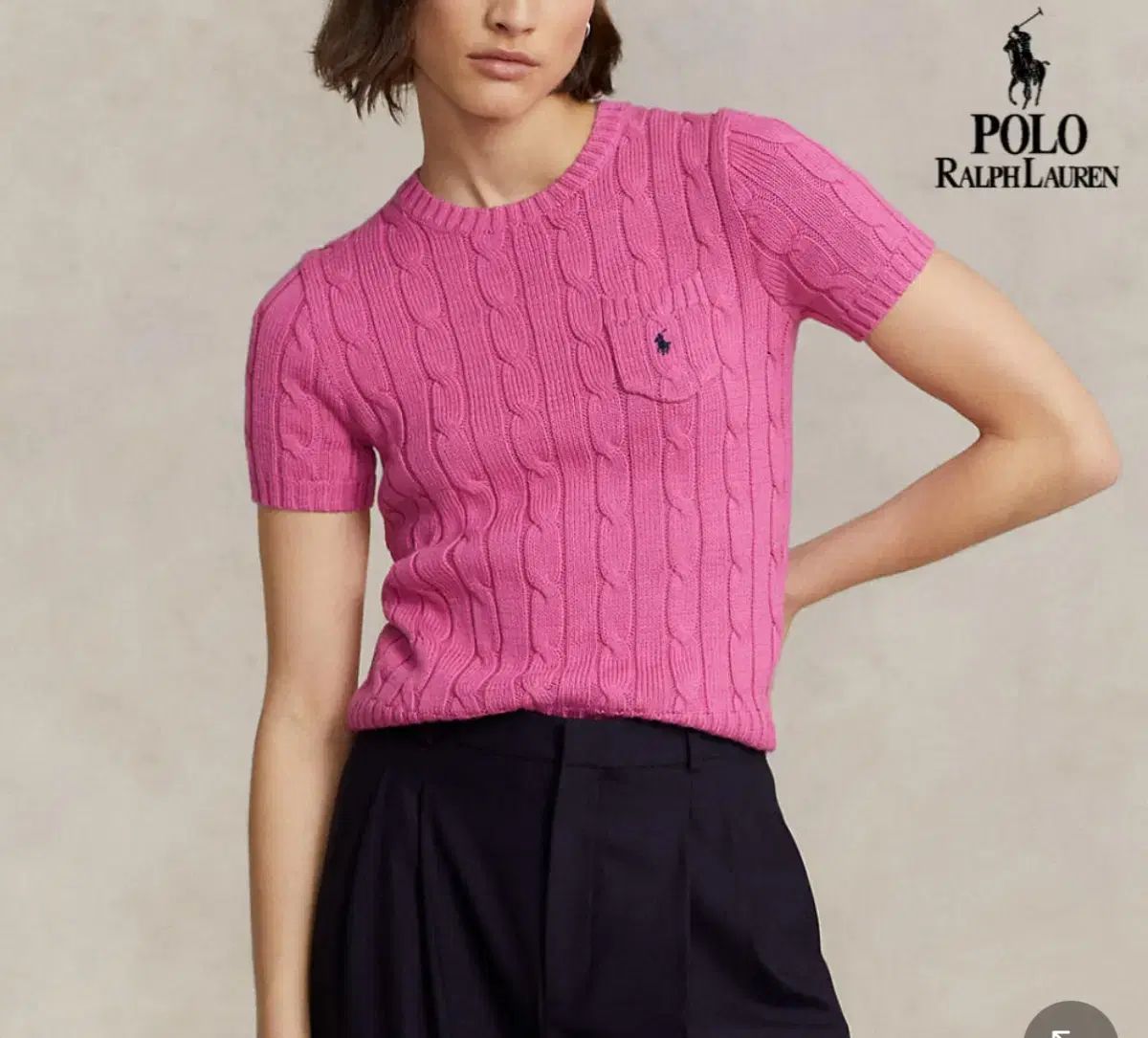 ポロ Ralph Lauren ラルフローレン ケーブルニット コットンショートスリーブ セーター フクシア ピンク