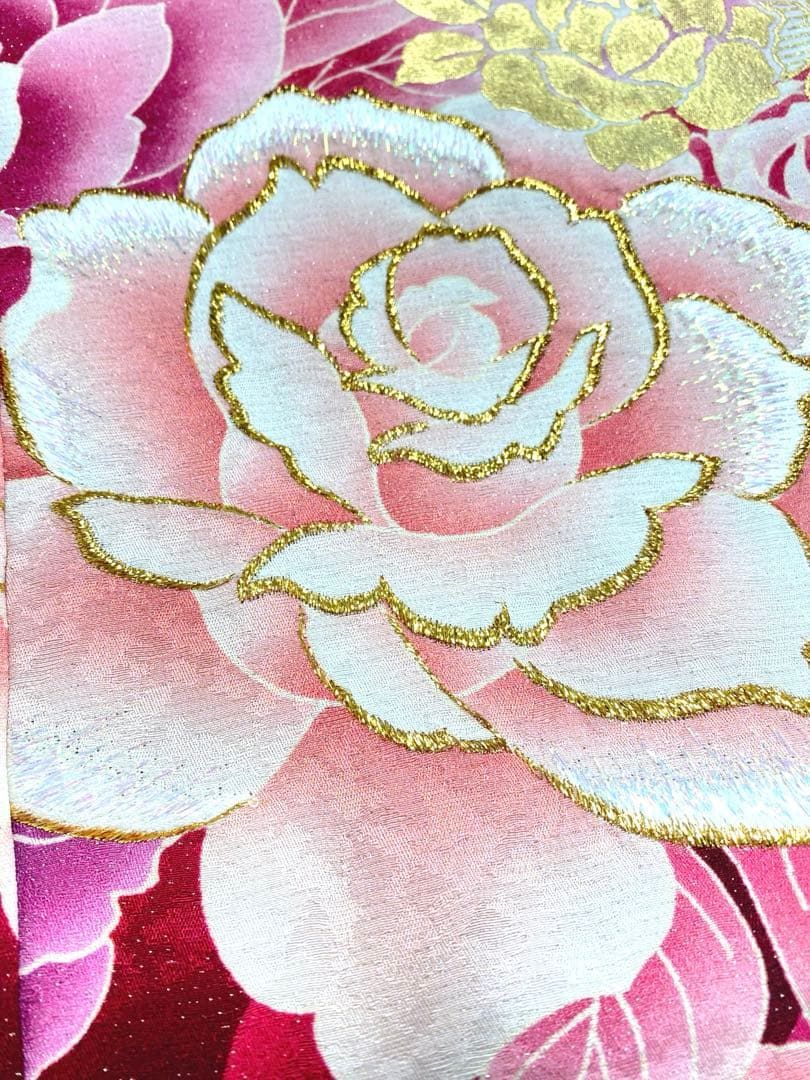 振袖 仮絵羽 舞台衣装 金彩 銀通し ラメ刺繍 薔薇 正絹 未仕立て品 八 