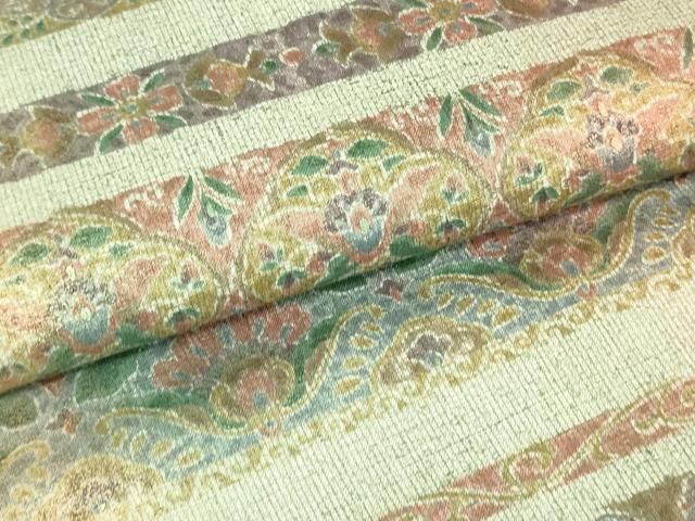 平和屋着物○全通柄袋帯 紬地 更紗花唐草横段文 金彩 正絹 逸品