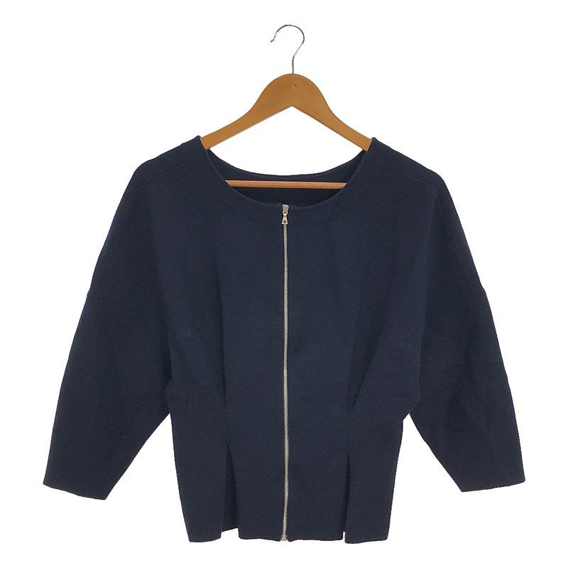 ADORE / アドーア | レーヨン混 タック クルーネック ジップアップ ニットカーディガン | 38 | ネイビー | レディース ADORE / アドーア | レーヨン混 タック クルーネック ジップアップ