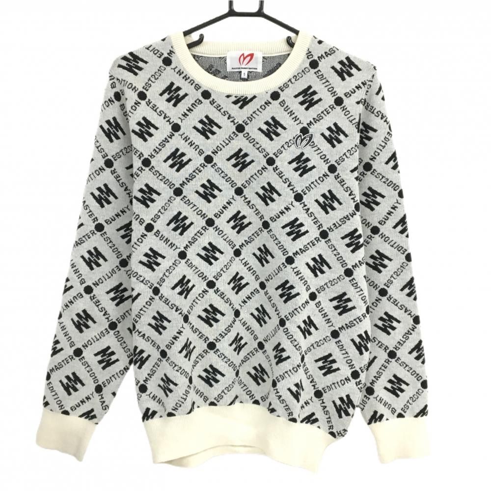 マスターバニー セーター 白×黒 ロゴ総柄 ウール混 ニット メンズ 5 L ゴルフウェア MASTER BUNNY EDITION