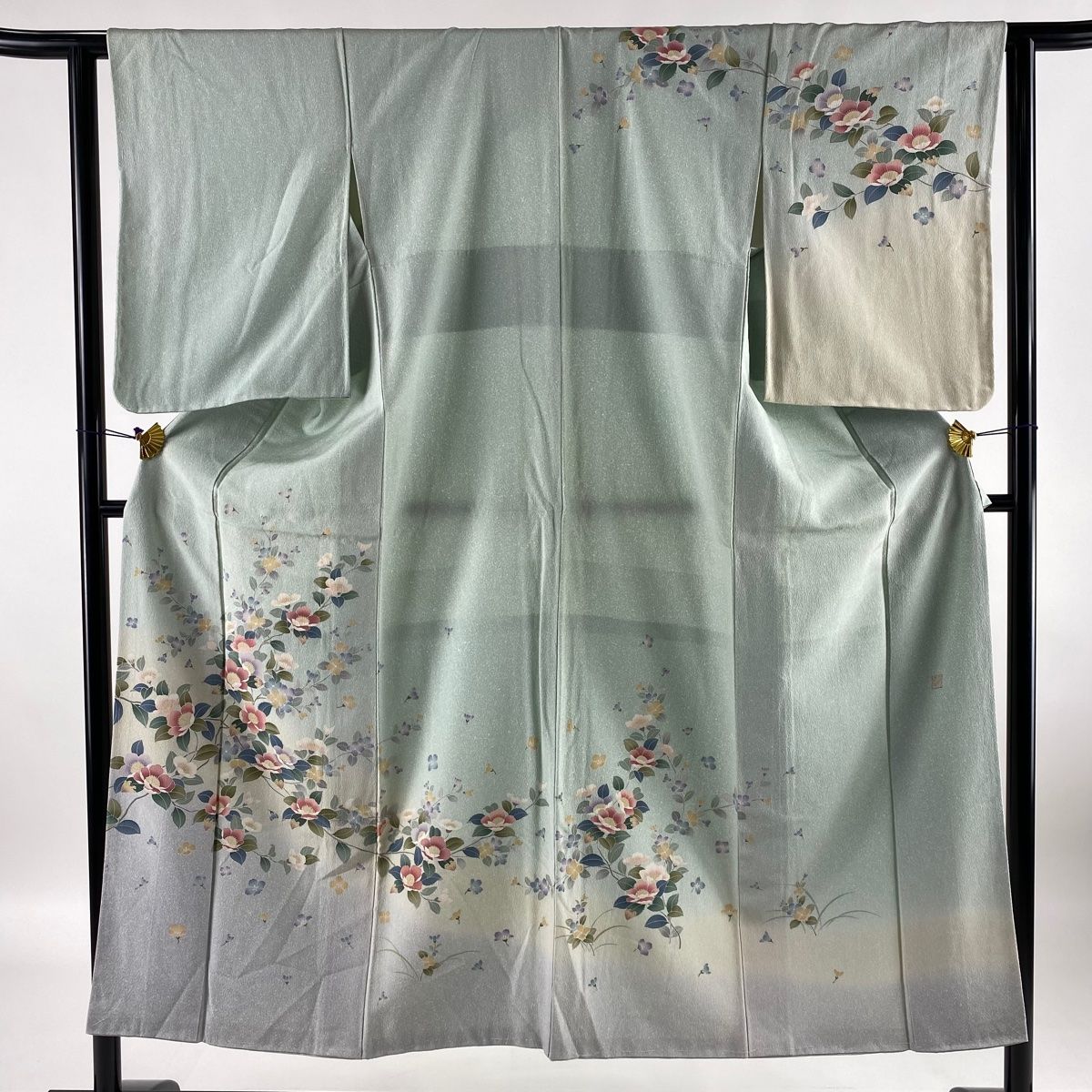 訪問着 美品 秀品 落款 草花 枝花 ぼかし 薄緑 袷 身丈150cm 裄丈62cm