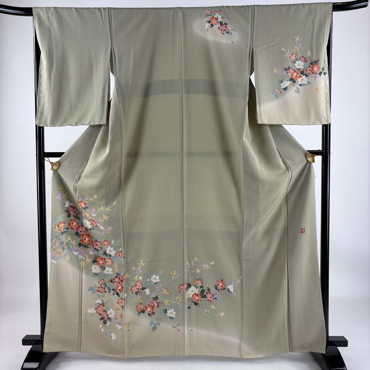訪問着 身丈163.5cm 裄丈67cm M 袷 落款 枝花 ぼかし 灰緑 正絹 秀品