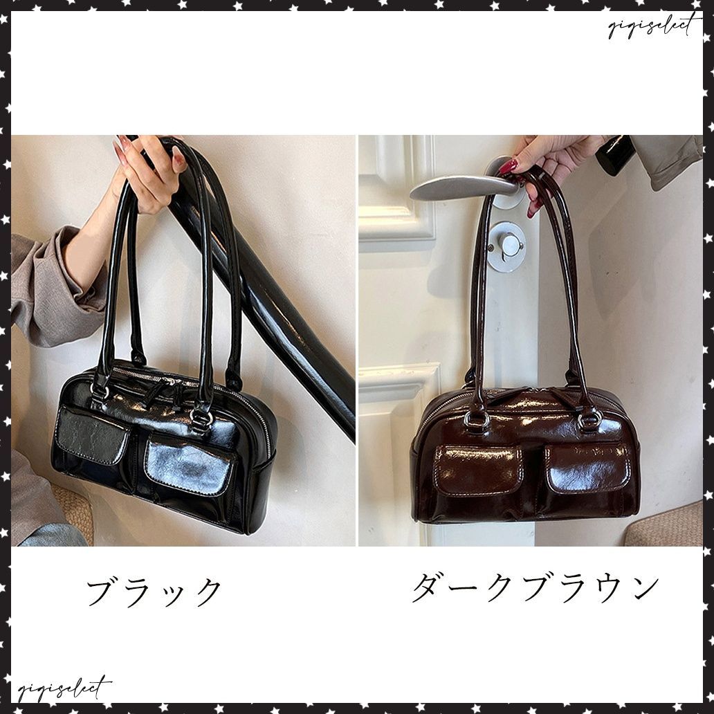高級感のあるハンドバッグ ブラック × レトロ ロングハンドル肩掛けバッグ レディース鞄 ツヤ感トートバッグ マチ