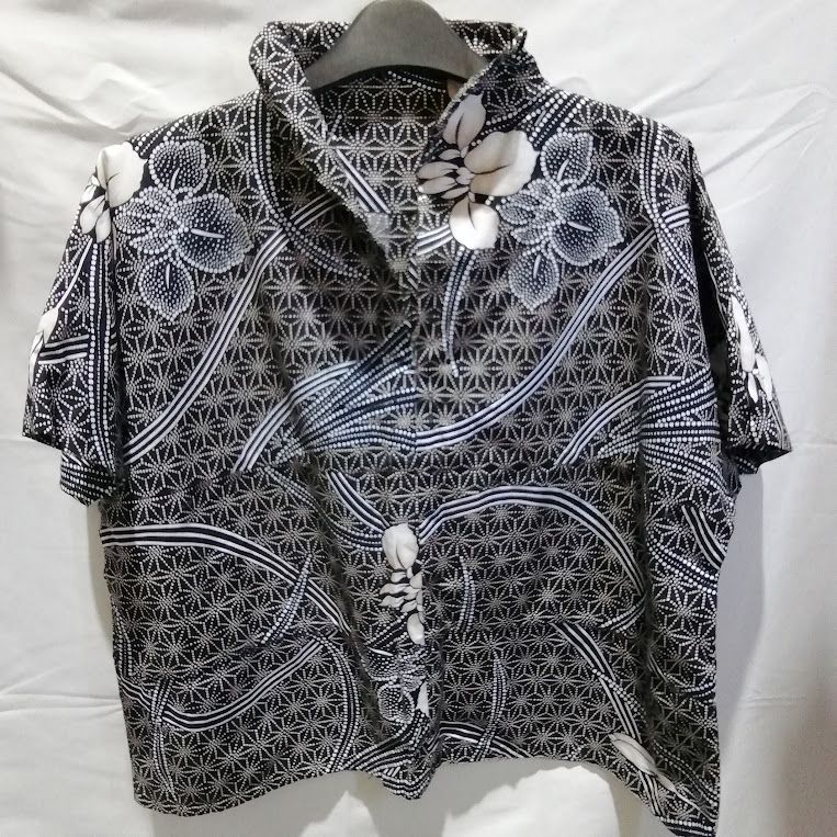 ②【リメイク】古布 刺し子 シャツ ブラウス 半袖 トップス 立襟
