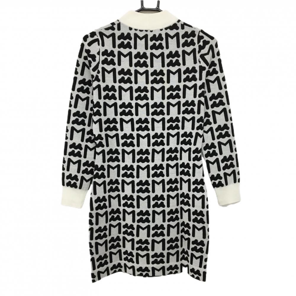 超 ムータマリン ニットワンピース 白×黒 ロゴ総柄 ウール混 レディース 1 S ゴルフウェア muta