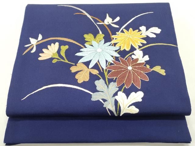 平和屋着物●九寸開き名古屋帯 駒刺繍 総刺繍 草花文 鉄紺色 鬼しぼ縮緬 正絹 DAAY0184ob