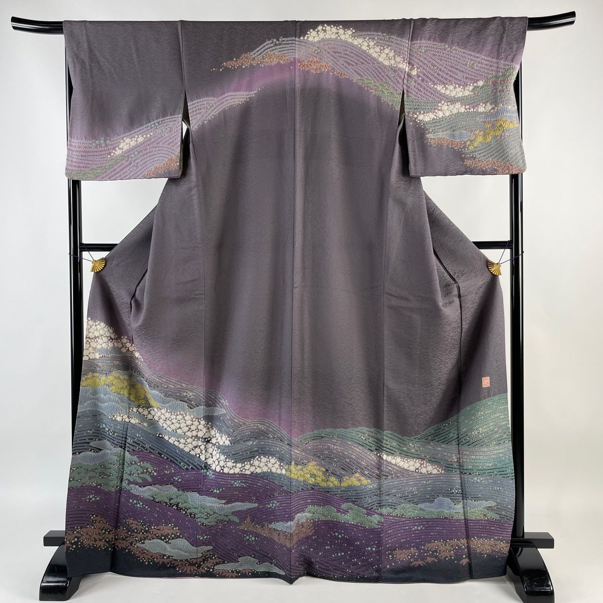 訪問着 身丈170cm 裄丈67.5cm L 袷 滝泰 落款 松竹梅 波 金通し 絞り  