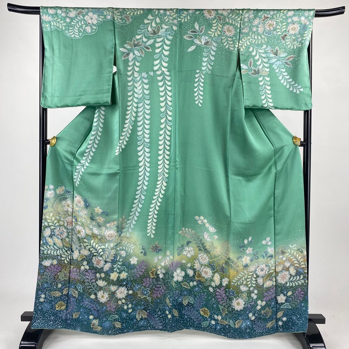 訪問着 身丈165cm 裄丈68.5cm L 袷 辻が花柄 金通し ぼかし 薄緑 正絹 名品