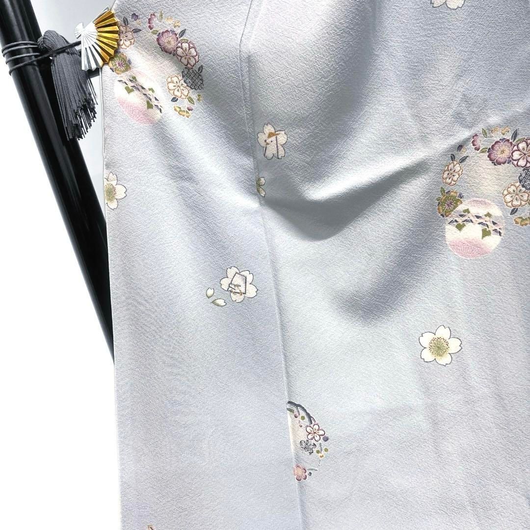 小紋　兎　花紋　桜　鞠　桐の花　ライトブルー　可愛い　着物　071a d 小紋 兎 花紋 桜 鞠 桐の花 ライトブルー 可愛い 着物 071a d