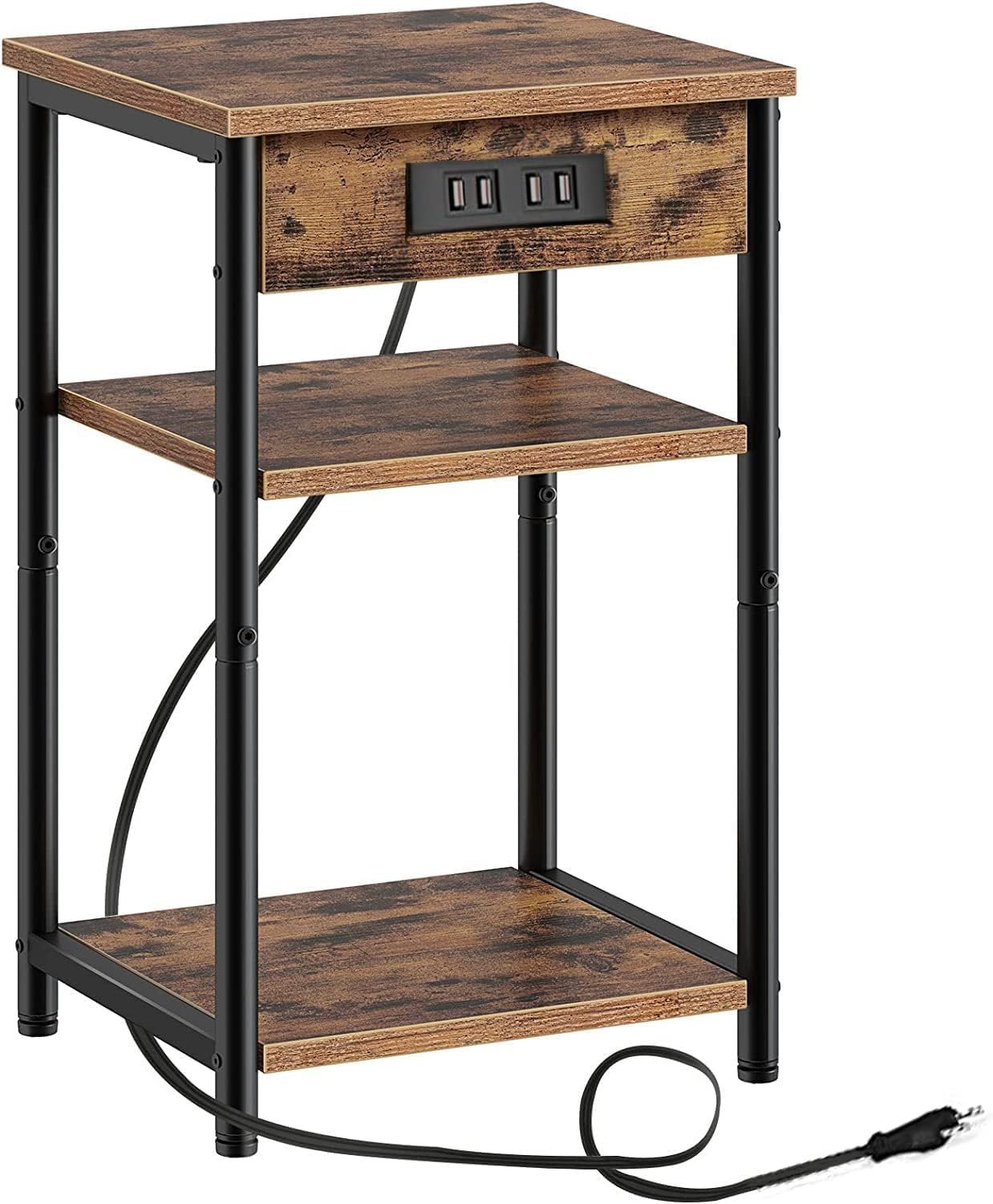 CJMM ナイトテーブル充電台付きエンドテーブル ナイトスタンド サイドテーブル 電源コンセント付き ソファテーブル 狭い空間 ベッドルームやリビングに ブラウンとブラック