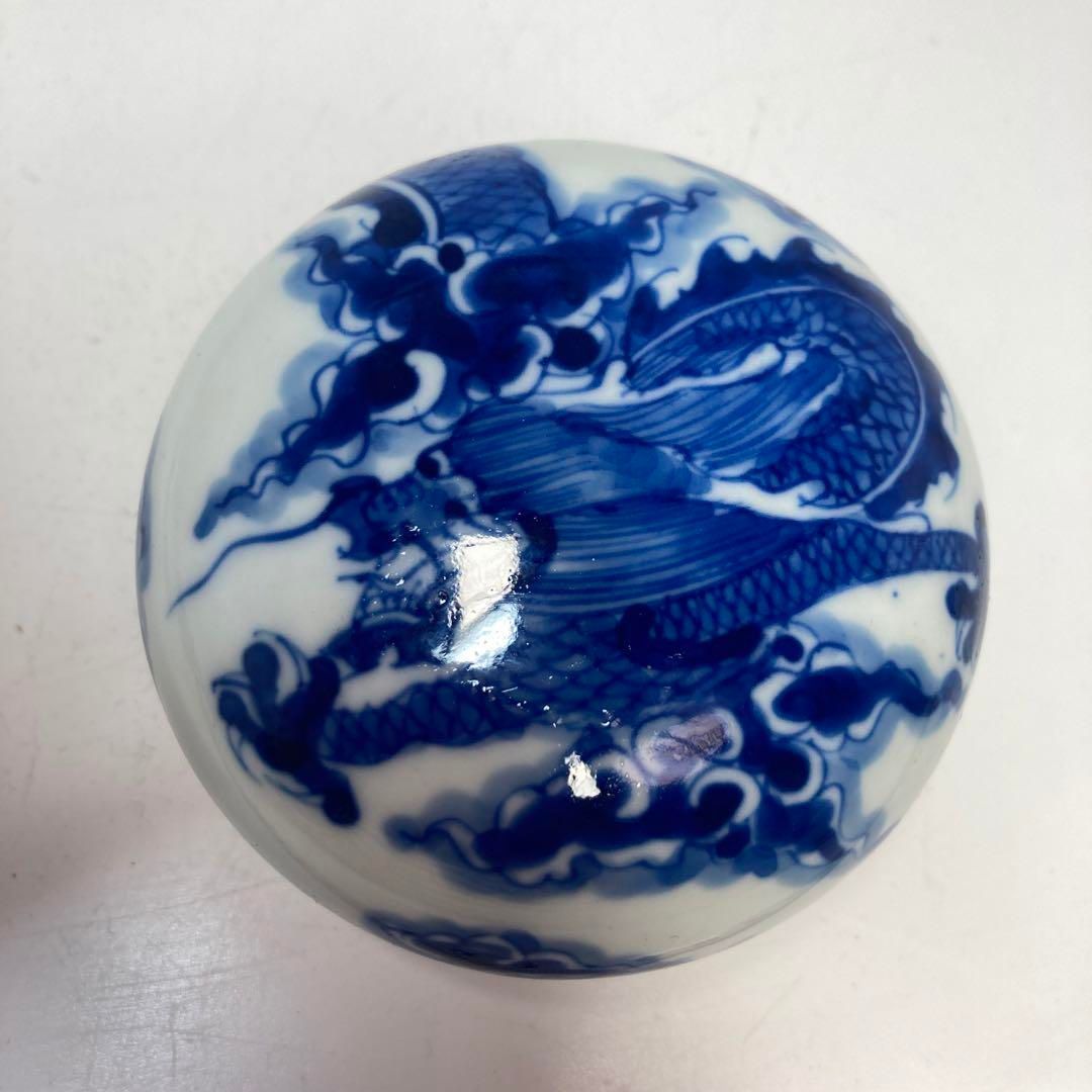 中国　清朝時代　雲龍図　青華　香合　木箱付　トヒサ　本さ5-0512☆ 中国 清朝時代 雲龍図 青華 香合 木箱付 トヒサ 本さ5-0512