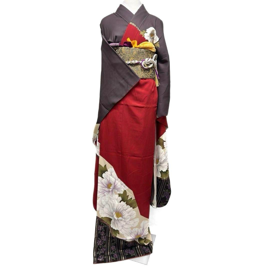 振袖　襦袢セット　金彩　牡丹　縦縞　花模様　成人式 晴れの日 着物 052a p 振袖 襦袢セット 金彩 牡丹 縦縞 花模様 成人式 晴れの日 着物 052a p