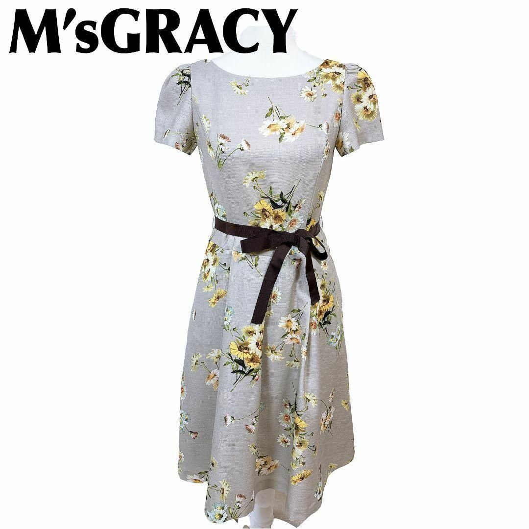 エムズグレイシー 半袖ワンピース ウエスト紐 38 花柄 グレー