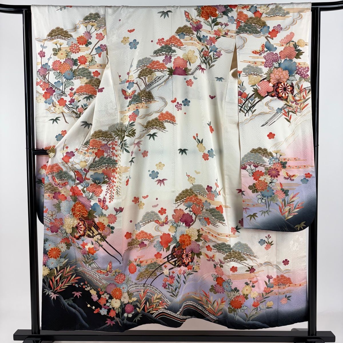 振袖 身丈154cm 裄丈63.5cm S 袷 花車 蝶 金糸 金彩 クリーム 正絹 秀品