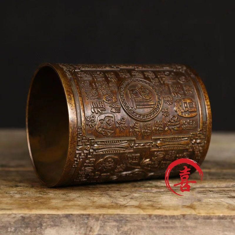 銅 細工 レリーフ百福筆筒 収納箱書道具 文房具 装飾品 工芸品 置物 銅 細工 レリーフ百福筆筒 収納箱書道具 文房具 装飾品 工芸品
