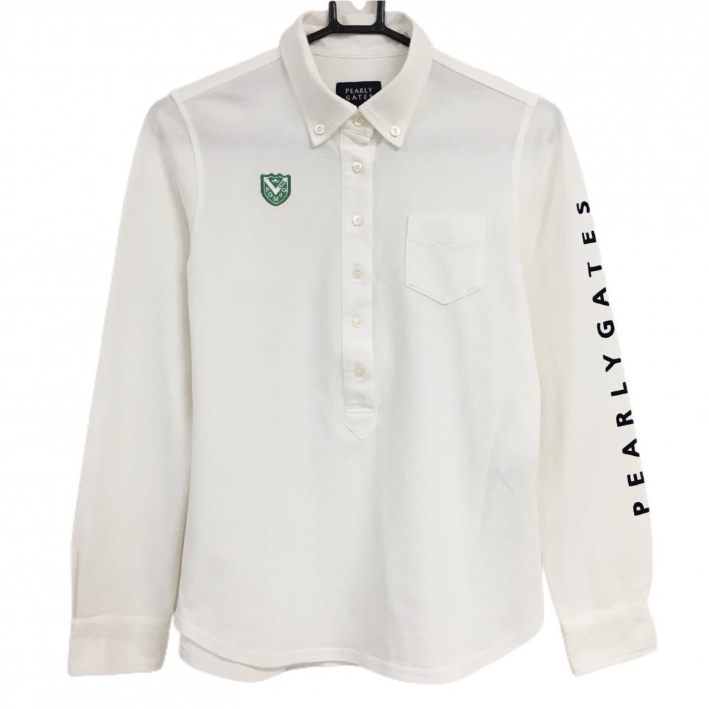 SALE価格【美品】パーリーゲイツ 長袖ポロシャツ 白 袖ロゴ ボタンダウン レディース 1(M) ゴルフウェア PEARLY GATES