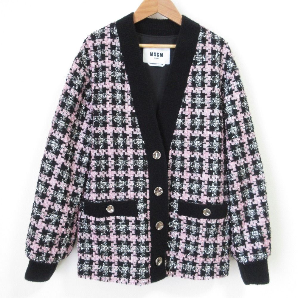 23AW MSGM エムエスジーエム Lurex Check Tweed ツイードカーディガン ジャケット 38 ピンク ブラック レディース 古着