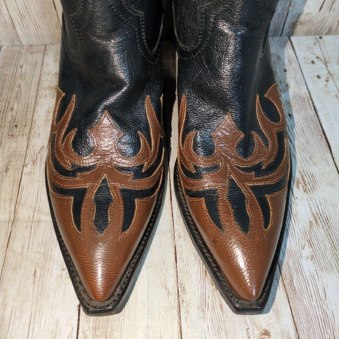訳あり Larry Mahan ラリーマハン ウエスタンブーツ レザー 6Bサイズ 金ステッチ 黒×茶×金 レディース靴 23cm相当