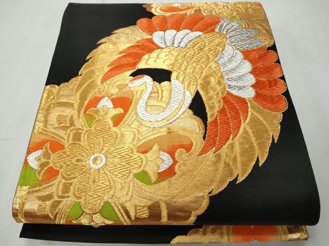 平和屋着物◎六通柄袋帯 唐織 飛鶴花文 黒地 金銀糸 正絹 逸品