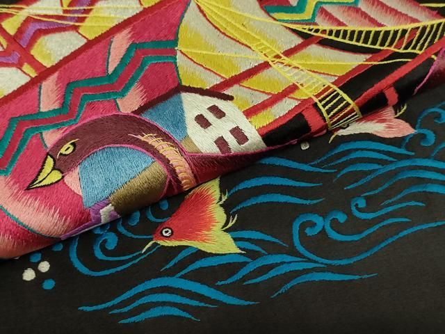 平和屋着物○アンティーク 大正ロマン 九寸名古屋帯 総刺繍 帆船 黒地