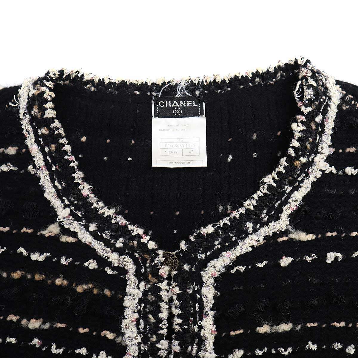 Chanel ノーカラージャケットブラックホワイト CHANEL シャネル 2005AW ノーカラーツイードジャケット P26658V01976