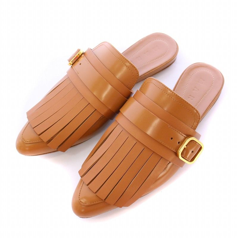 マルニ MARNI ミュール フラット ポインテッドトゥ フリンジ レザー ベルト 35 茶 ブラウン |BB