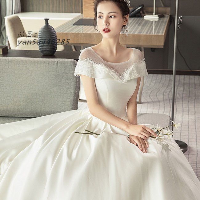 ウェディングドレス プリンセスドレス Aライン オフショルダー トレーンタイプ サテン 光沢感 シンプル 花嫁結婚式 披露宴 二次会 美しい yan5a448285
