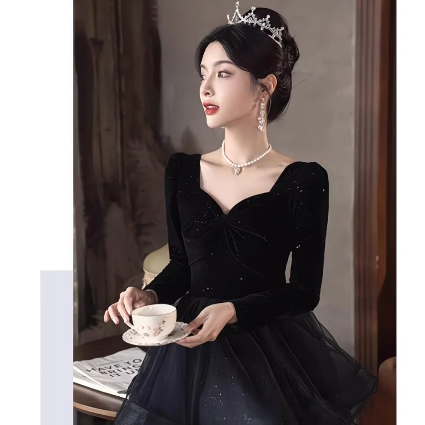 ドレス レディース ロングドレス 黒 ベルベット 長袖 晩礼服 パーティー 演奏会 発表会 ステージ衣装 年会 エレガント 小衆デザイン 秋冬 MAAHADDERANG_COM