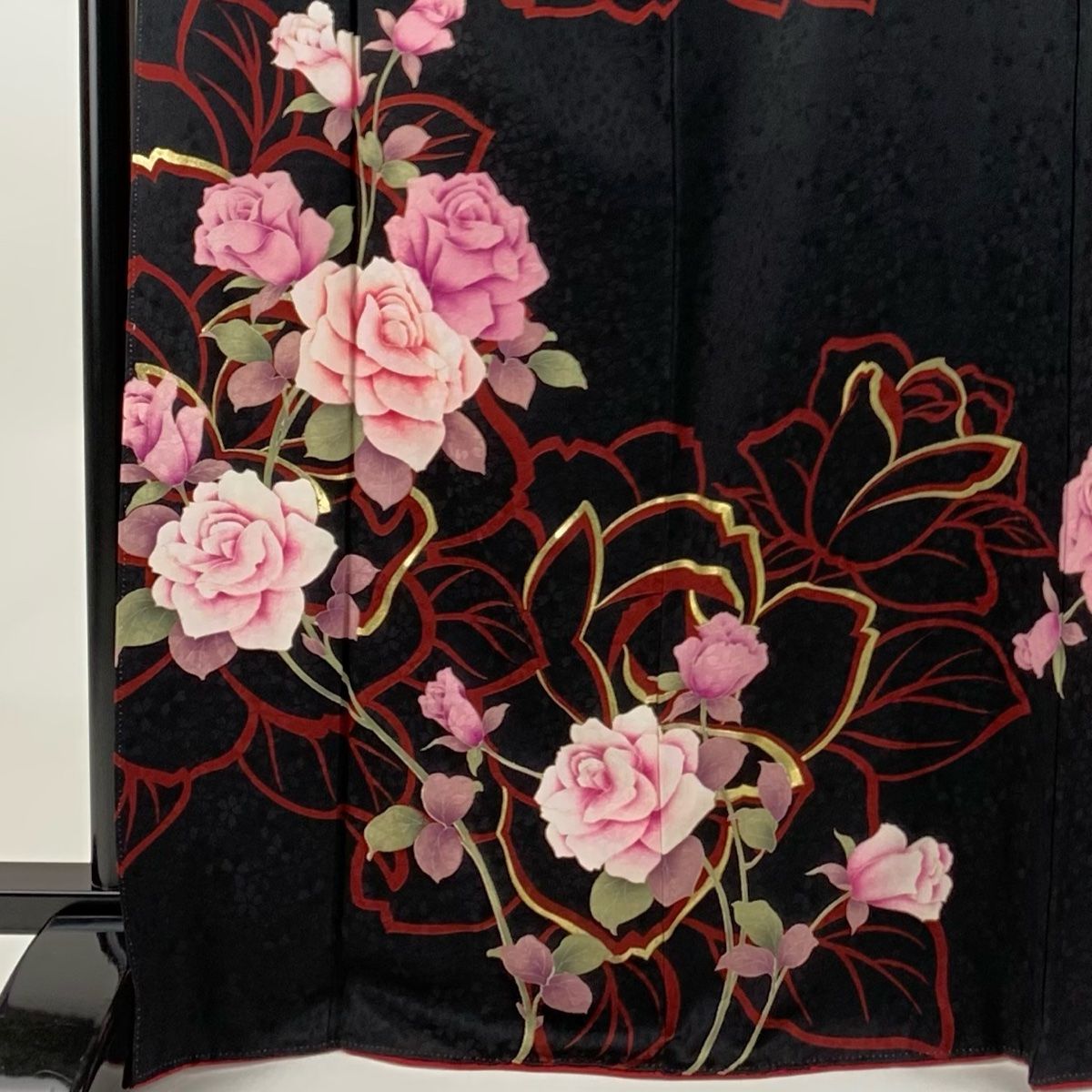 振袖 身丈169cm 裄丈69cm L 袷 二尺袖 薔薇 金彩 黒 正絹 秀品 【中古  