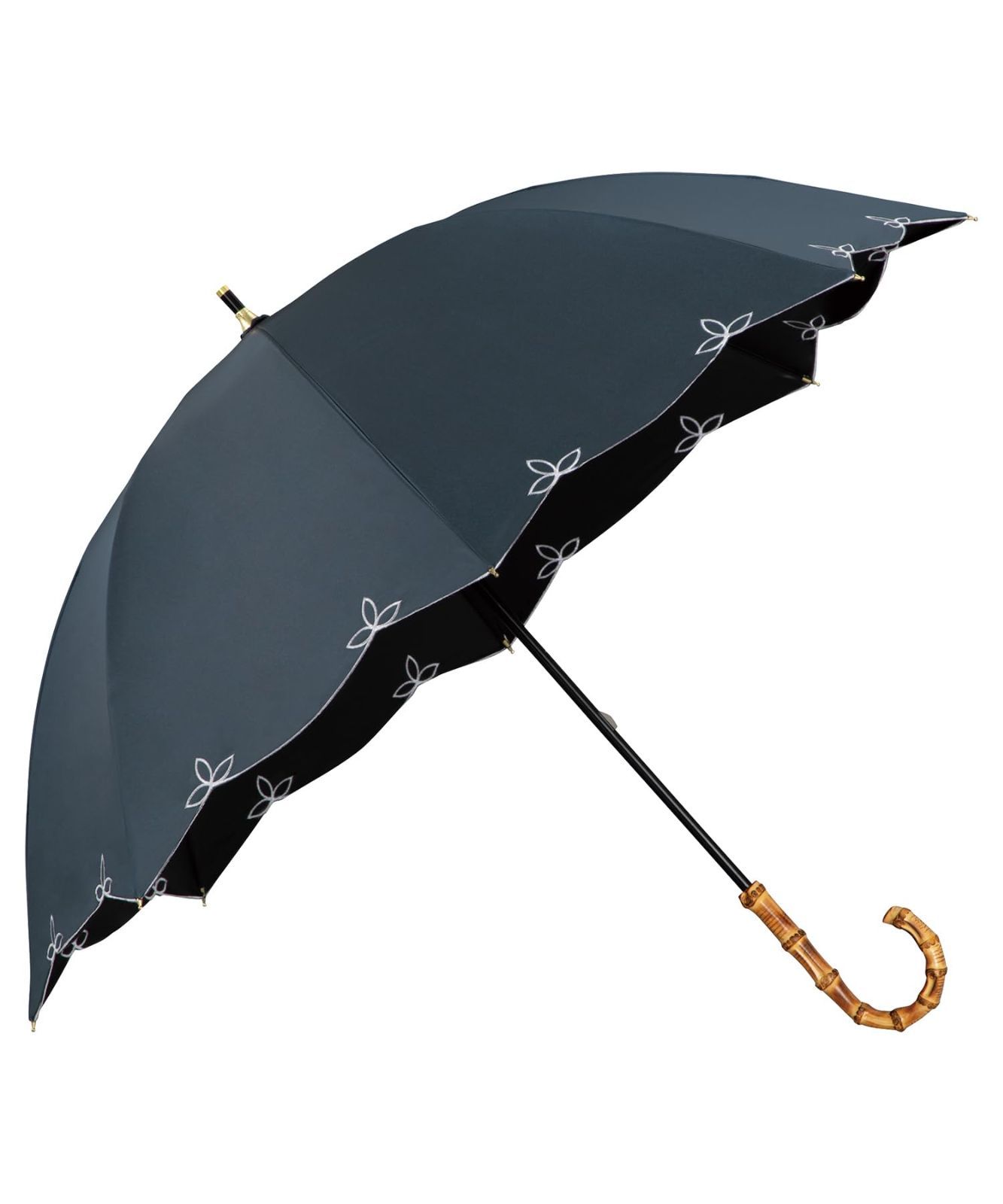 刺繍スカラップ ブルーグレー 遮光 UVO ウーボ 長傘 8K UVカット UPF50＋ 遮熱 晴雨兼用 親骨55cm 大きい 手開き 最強の日傘 レディース 女性 バンブー 持ち手 おしゃれ シンプル 2025 Wpc. 上品