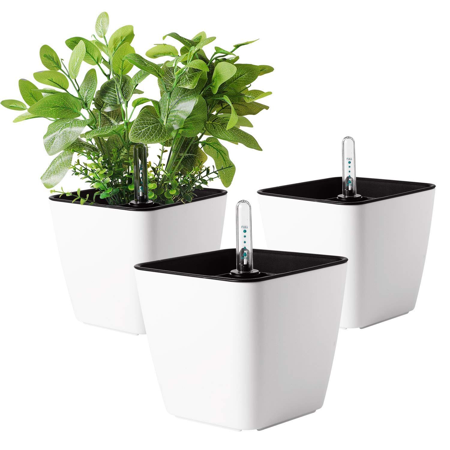 【在庫処分】多肉植物 観葉植物 花 フラワーポット ハーブ 現代風 水位計付き サボテン適用 自己給水プランター 白 植木鉢 13.5cm 3点セット T4U