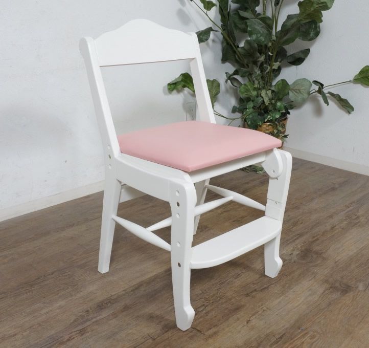 K マホガニー使用 3段階調整 子供用学習チェア PVC座面 ドレッサーにも ロココ調 姫系 ホワイト キッズチェア 学習椅子