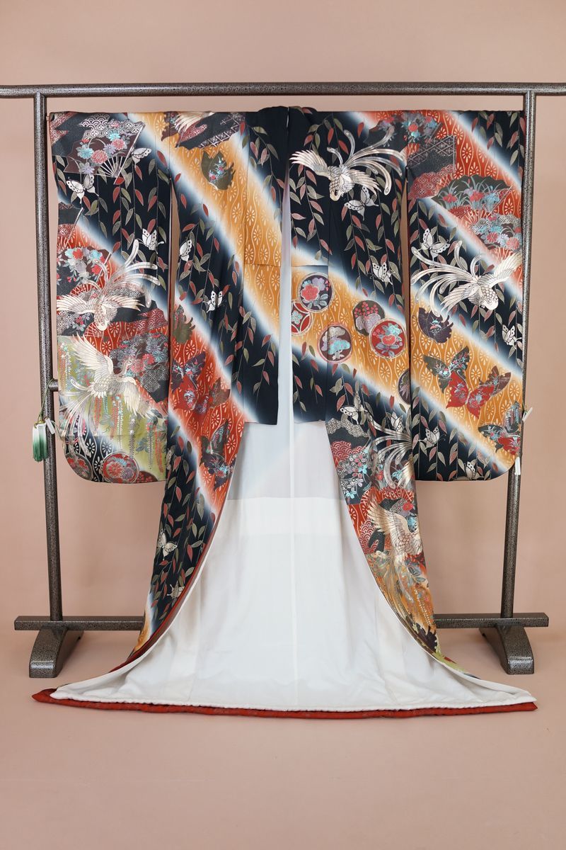 難アリ 黒 茶 黄土色 鳳凰 蝶 正絹 花嫁振袖 (cl_kimono2309