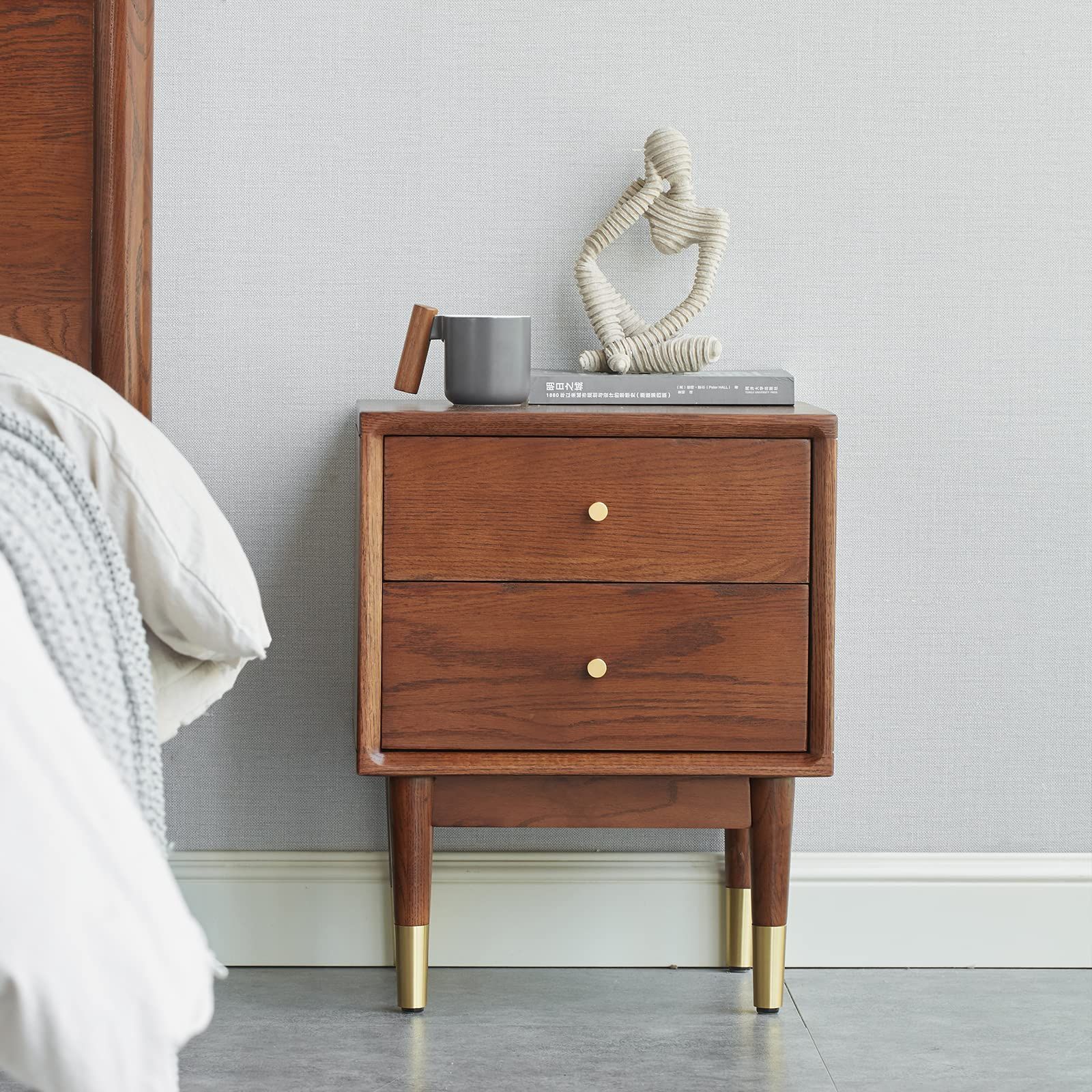 木製 無垢材 アメリカオークウッド アンティーク アメリカオークウッド 引き出し２つ付き ナイトテーブル ベッドサイドテーブル 収納しやすい サイドテーブル 組立不要 RONG 高さ50cm×幅40cm×奥35cm MU MARWIL-DEMENAGEMENTS_CH