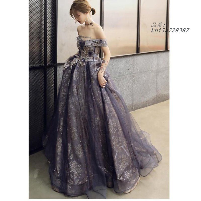 オフショルダー ロング丈ドレス ウエディングドレス パーティードレス ステージ衣装 二次会 Aラインワンピース 成人式 披露宴演奏会 発表会 結婚式ドレス kni 5 a 728387