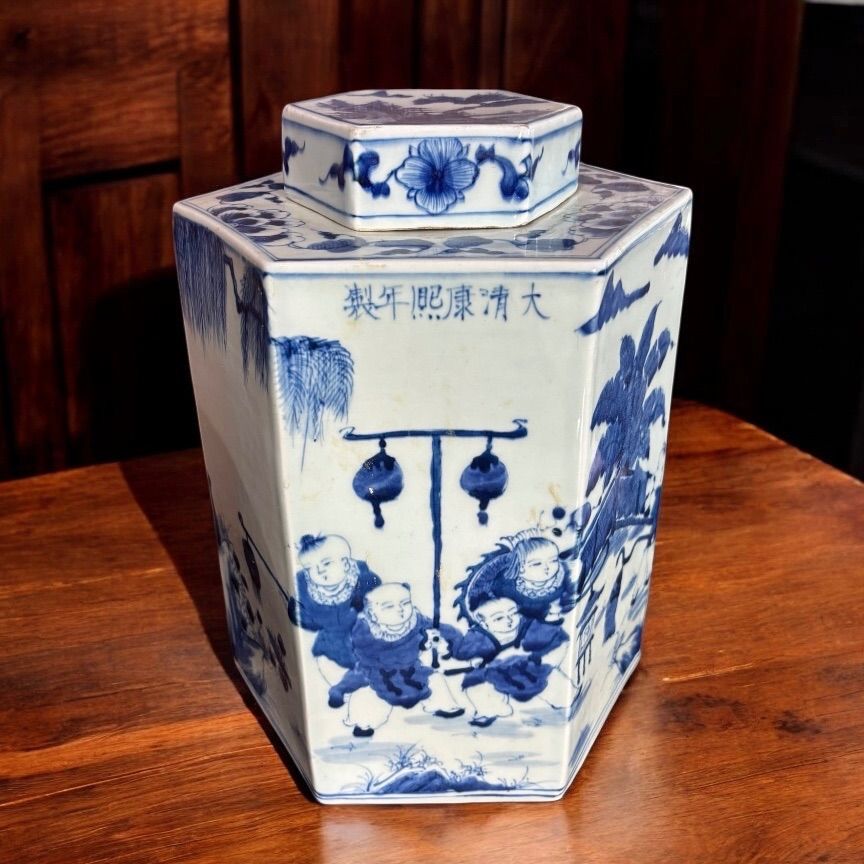 大清康熙年製 蓋付き 六角壺 [草花文風景人物絵] 中国雑貨 壺