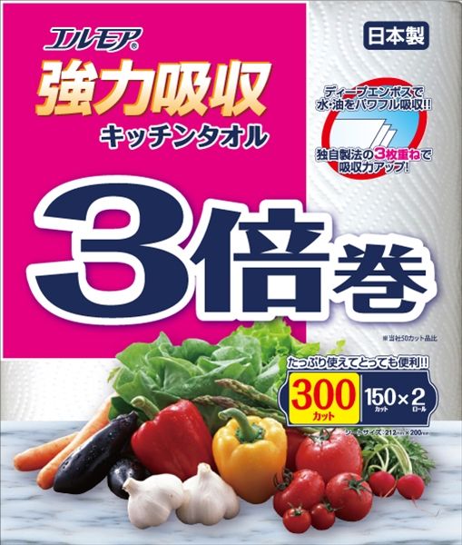 まとめ買い-24点セット エルモア強力吸収キッチンタオル３枚３倍巻２Ｒ１５０カット ２４ カミ商事 キッチンタオル