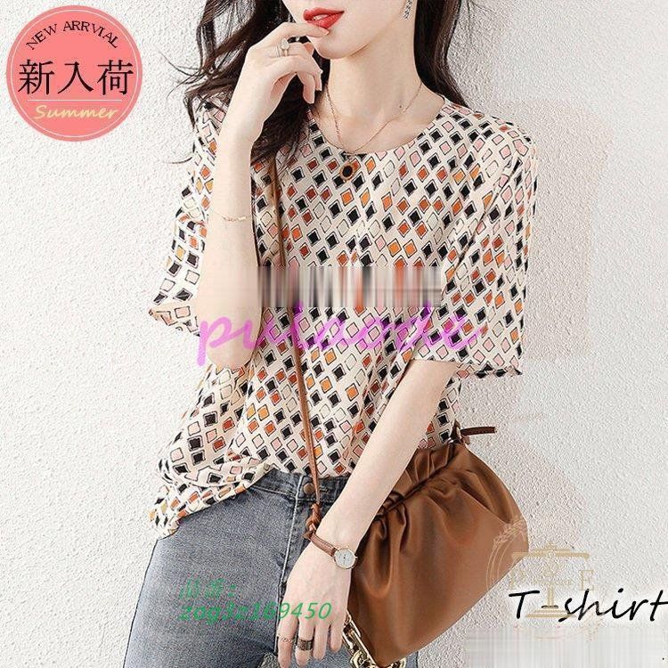 Tシャツ レディース 春夏新作 40代 半袖トップス 幾何プリントTシャツ シフォンTシャツ ショット丈 薄手 ゆったりカットソー おしゃれ 大人 50代 30代 Tシャツ レディース 春夏新作 40代 半袖トップス 幾何プリントT