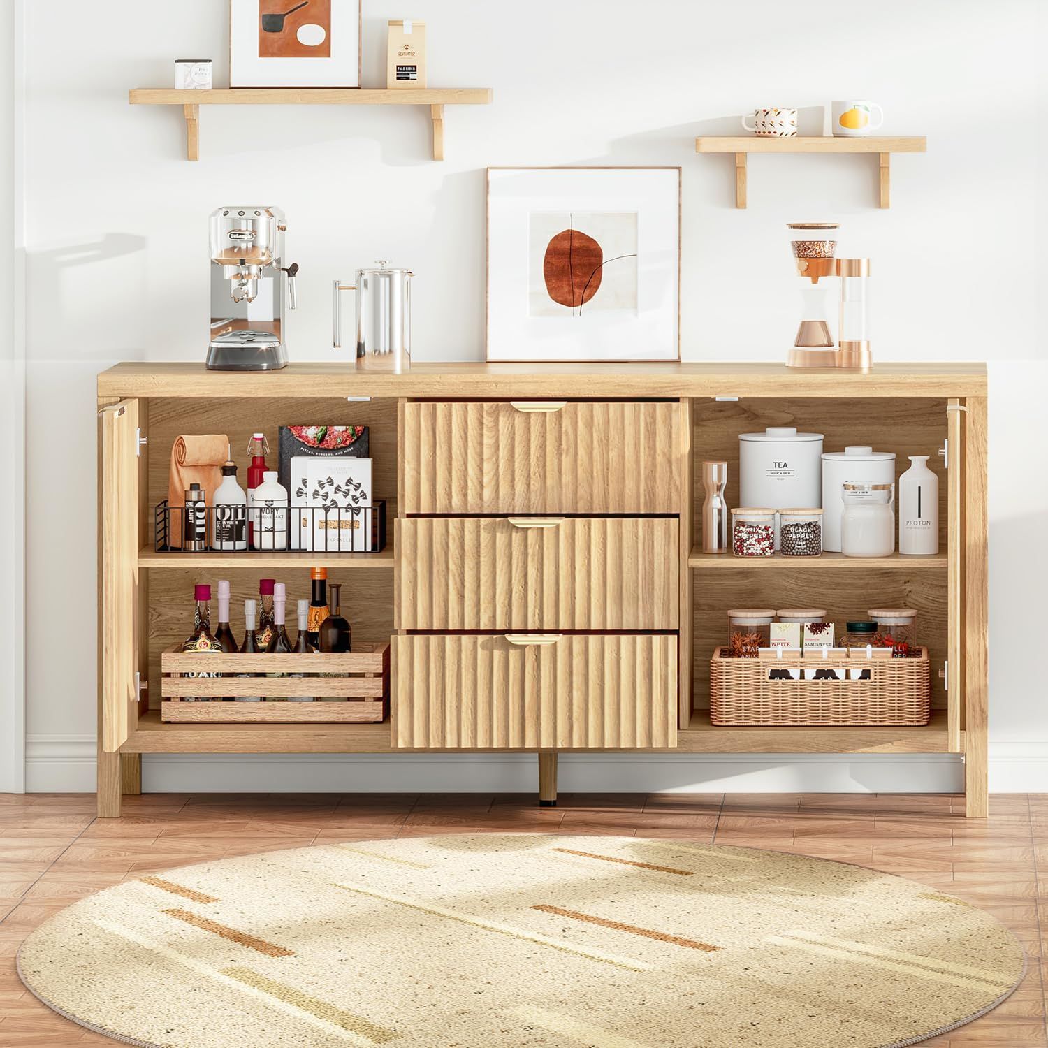 棚付き 高さ調整 サイドボード 取っ手付き チェスト リビング キッチン収納 扉付き おしゃれ 収納棚 118×38×76cm 収納キャビネット ライトブラウン 幅118cm 木製