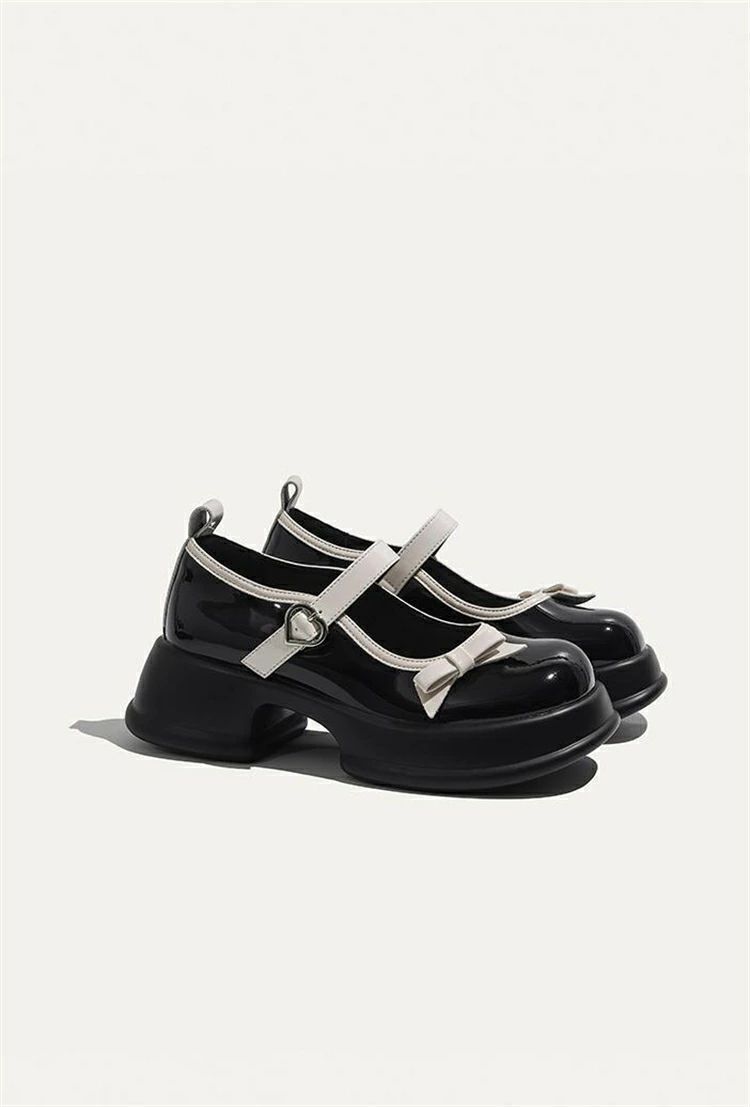 【セール】ストラップ パンプス 太ヒール 厚底 PUレザーメリージェーン靴 リボン 黒白 可愛い きれいめ 厚底靴 レディース 学生 卒業 発表会 女性用 個別調節