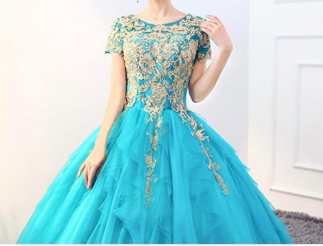 レディースファッション 花柄のデザインが美しくゴージャスな半袖フリルイブニングドレス