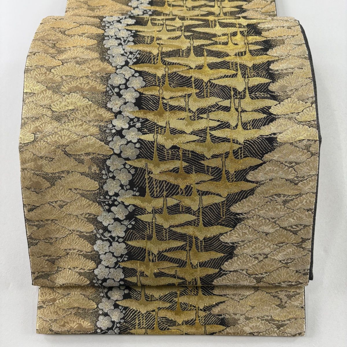 袋帯 美品 逸品 落款 篠屋宗兵衛 鶴 松梅 金銀糸 箔 金色 六通