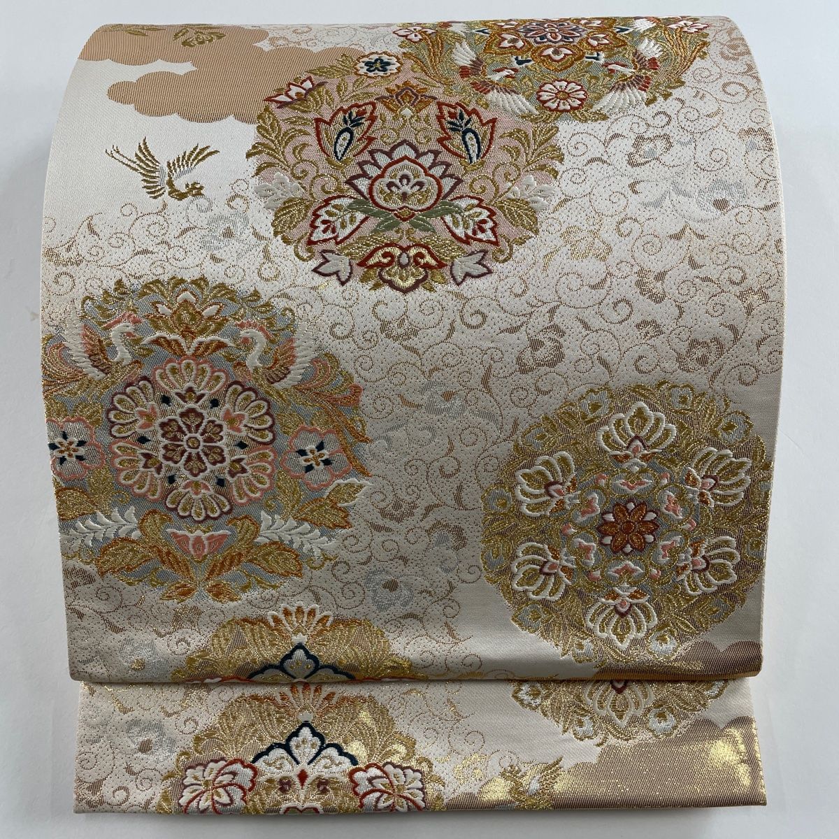 袋帯 美品 秀品 華文 花鳥 金糸 箔 クリーム 六通 正絹 【中古